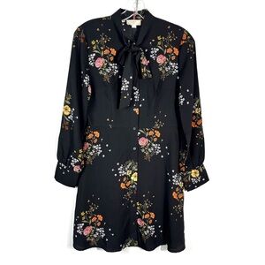 LOFT Black Multicolored Floral Long Sleeve Bow Tie Neck Chiffon Dress 0 Petite